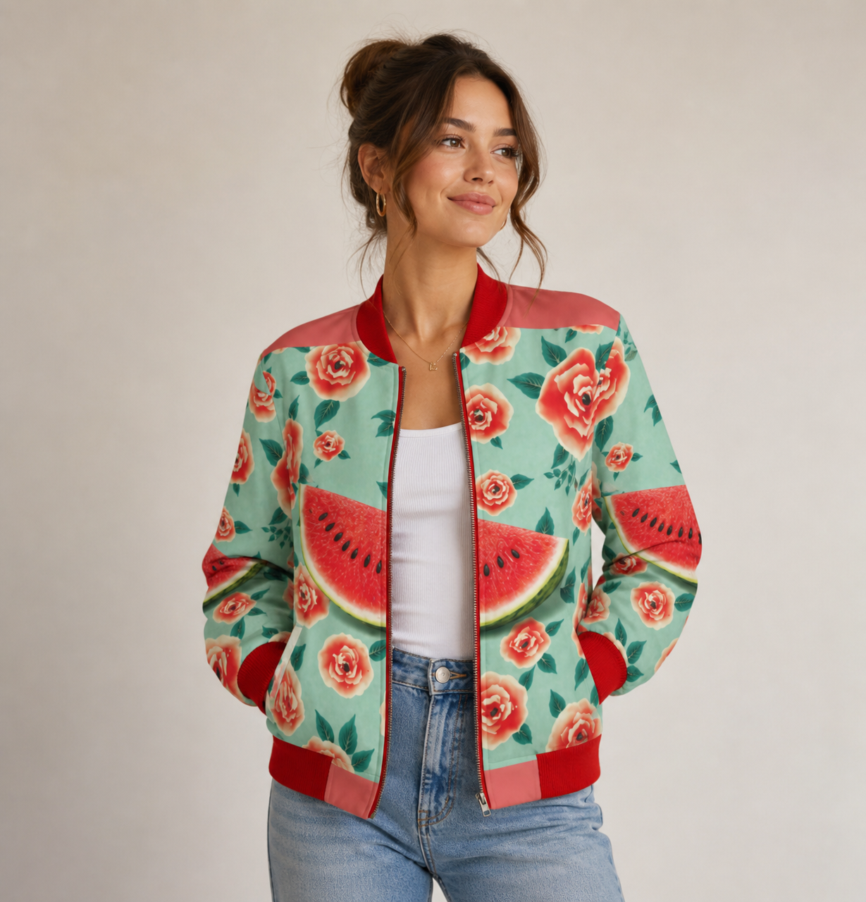 Watermelon Rose Silk Bomber Jacket