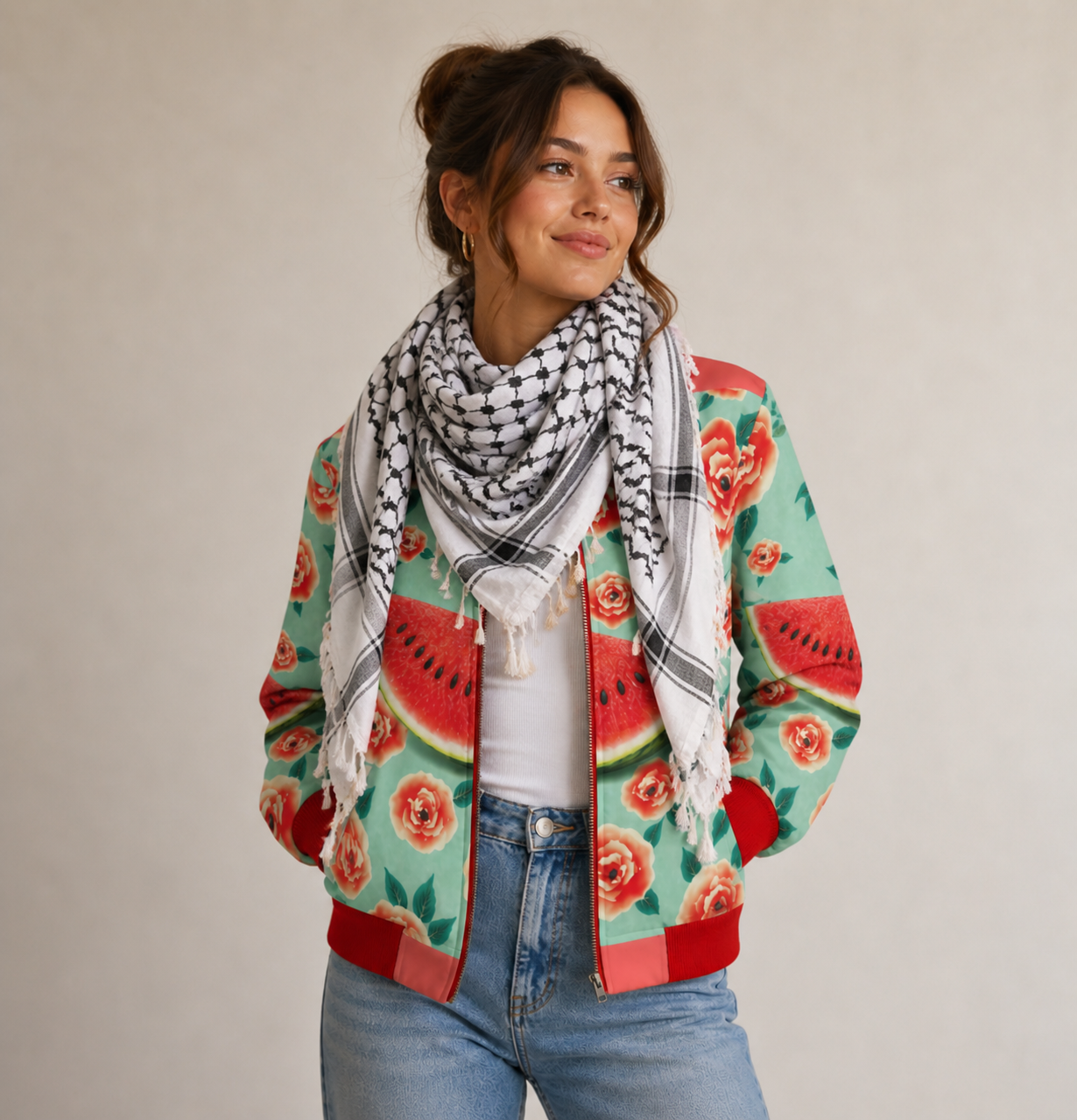 Watermelon Rose Silk Bomber Jacket