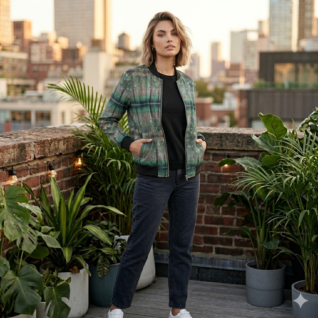 Woman standing on a rooftop with plants and cityscape in the background